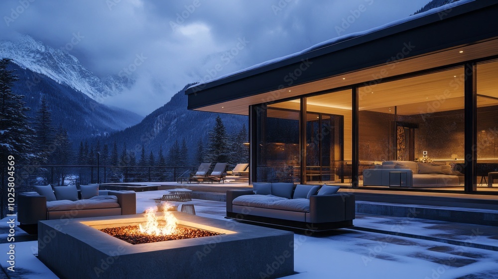 Poster a large house with a fireplace and a patio with a fire pit