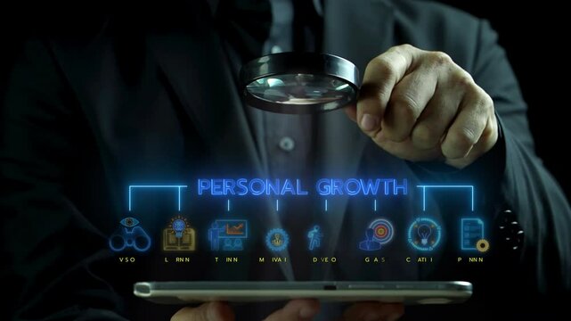 Businessman shows glowing neon line banner of PERSONAL GROWTH concept with icons of vision, learning, training, motivation, goals, creativity, develop and planning isolated on virtual screen.