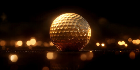 Fototapeta premium golden golf ball illuminated in dark ambient light, luxury sports equipment, high-end golf accessory, premium design, elegance and sophistication, exclusive golden sports gear