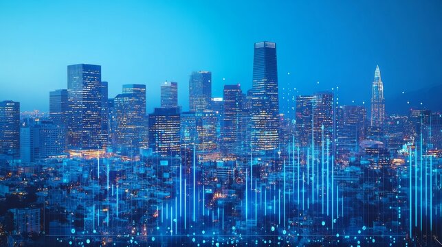 Futuristic Digital Cityscape with Technology Overlay