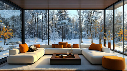 Fototapeta premium Modern Living Room with Large Windows Showcasing Snowy Forest Landscape in Winter