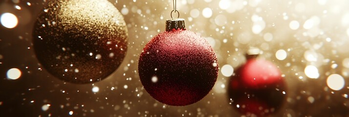 Red and gold Christmas ornaments with a bokeh background.
