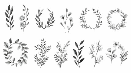 Detailed Pencil Drawings of Elegant Floral Arrangements and Wreaths on White