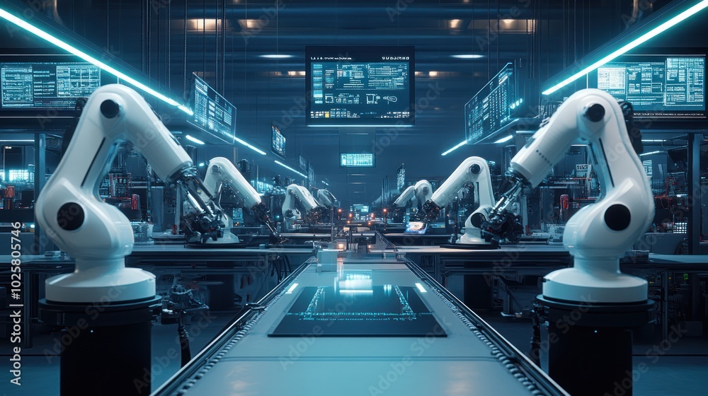 Poster a futuristic view of an industry engineer for smart factories, featuring ai-driven automation system