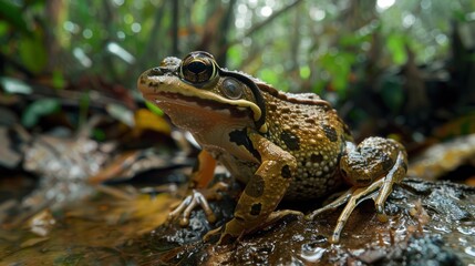 Fototapeta premium Close-up of a Brown and Green Frog Sitting on a Rock Near Water