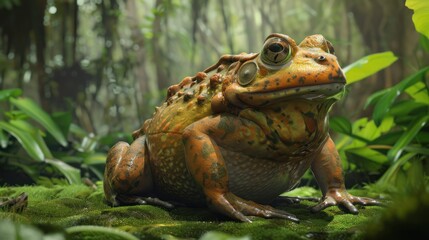 A Camouflaged Toad Sitting on Moss in a Lush Forest