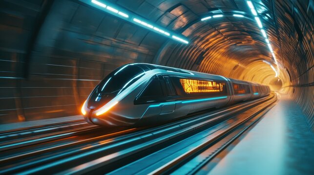 A futuristic train exiting a sleek, hyperloop-style tunnel, with a streamlined design and glowing lights, racing through a cutting-edge transportation network