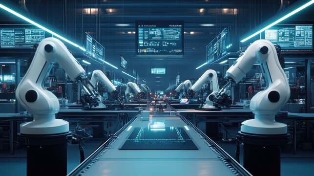 A futuristic view of an industry engineer for smart factories, featuring AI-driven automation systems, robotics, and digital data monitoring for efficient and advanced manufacturing