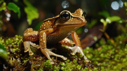 Obraz premium Close-up of a Brown and White Frog with Green Eyes on a Mossy Surface