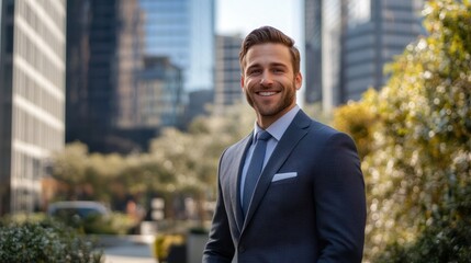 A handsome businessman outdoors, dressed in a well-fitted suit, smiling confidently with a modern cityscape in the background
