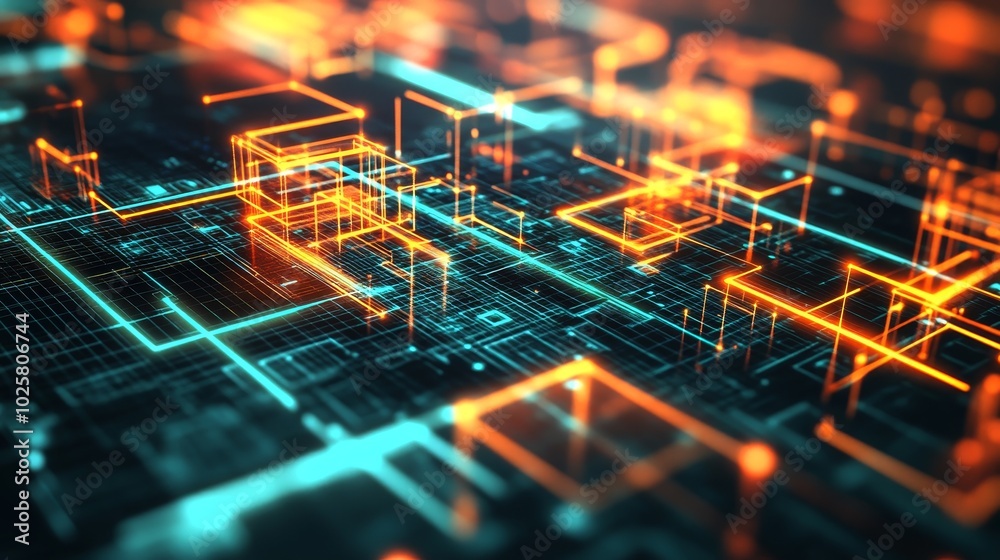 Poster abstract digital circuit design with glowing lines and nodes, representing technology and data flow.