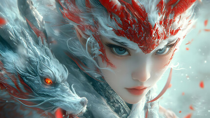 Dragon and Woman in Snow with Red Dragon Head and Fierce Eyes, Digital Art Illustration