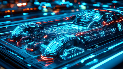 Futuristic Car Chassis with Glowing Blue and Red Lights on a Dark Background
