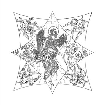 recommend clip art: John Baptist. Cross dome with 4 apostles, angels and seraphim. Coloring page in Byzantine style