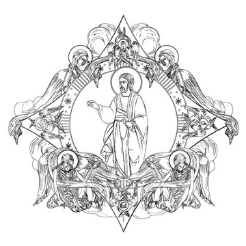 recommend clip art: Religious dome with Jesus Christ apostles and angels in sky. Coloring page in Byzantine style