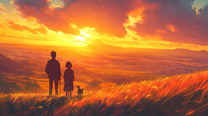 Fototapeta premium A Family Stands on a Hilltop, Watching the Sunset over a Distant Town, With a Dog by Their Side, During Golden Hour