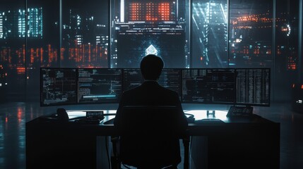 Cybersecurity analyst monitoring global data systems in a futuristic office