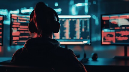 Cybersecurity expert analyzing data in dark room with red lighting