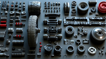 Black Car Parts Organized Neatly on a Gray Background Displaying Detail and Craftsmanship