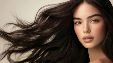 Fototapeta premium Portrait of a beautiful girl with well groomed, smooth, voluminous dark natural brown wavy hair looking into the camera. Can be used for premium hair dye packaging or hair salon advertising. 