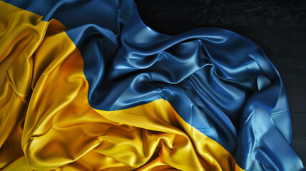 Close-up of the flag of Ukraine lying on a black wooden table, top view. The blue-yellow Ukrainian flag. The concept of freedom, independence, and patriotism. Citizenship and immigration