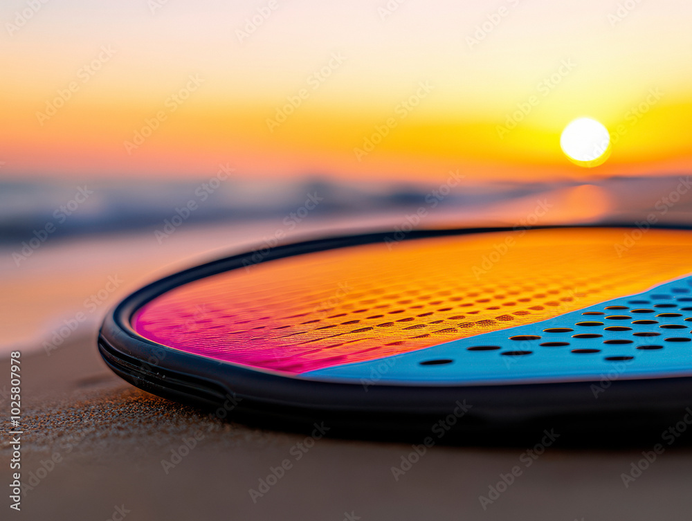 Wall mural a close-up shot of a vibrant, colorful padel racket resting on a sandy beach, with the sun setting i