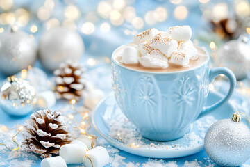 Blue cup with marshmallows and a snowflake on it