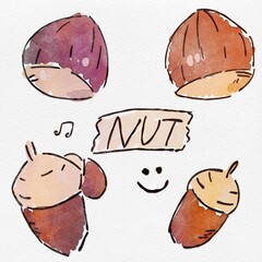 水彩 秋を彩る、きのみのセットのおしゃれな手描きイラスト