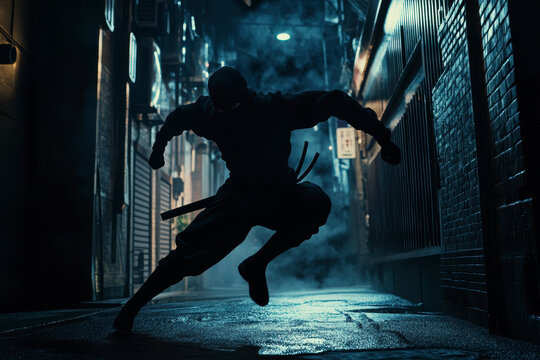 ninja leaping through a dark alley at night, dynamic action pose with a katana in hand. International Ninja Day theme.