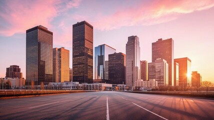Fototapeta premium Panoramic city skyline and buildings with empty asphalt road at sunset.
