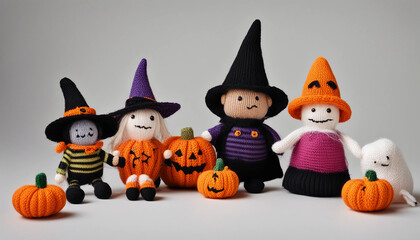 A collection of Halloween-themed knitted toys displayed against a plain white background.
