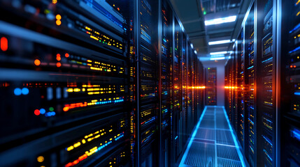 Naklejka premium Server Room Interior with Glowing Lights and Data