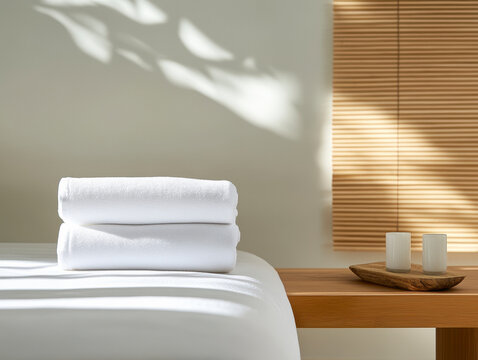 Minimalist bedroom interior with a neatly folded set of bamboo pajamas resting on a wooden bed frame.