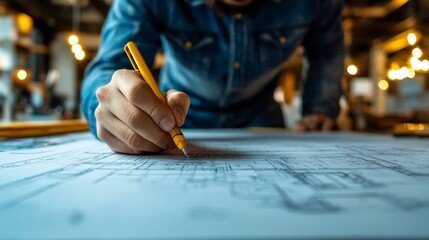 Architect design working drawing sketch plans blueprints and making architectural construction model in architect studio. ai generated