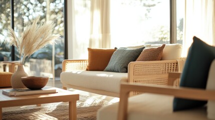 Contemporary living room with light wood furniture, bright cushions, and clean lines. Relaxing and cozy ambiance