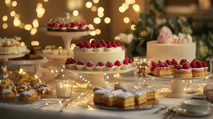 A Beautiful Dessert Table with Cakes and Pastries Surrounded by Soft Lights for a Celebration