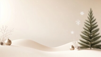 A minimalist Christmas and New Year background, featuring simple, elegant lines with neutral tones, minimalist decorations, and subtle holiday elements like a single tree and snowflakes