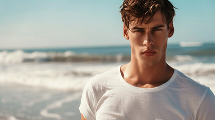 Hyper realistic image of an extremely attractive man standing on a beach 