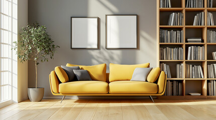 Modern living room interior design scandinavian style, yellow color sofa, grey color pillows, lamp and bookshelf with books, decoration with trees.