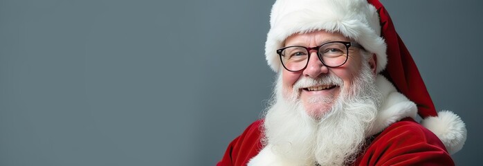 Naklejka premium Santa Claus in eyeglasses is looking at camera and smiling, on gray background 