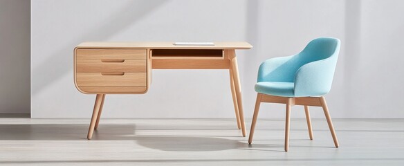 Minimalist Desk With Pastel Blue Chair