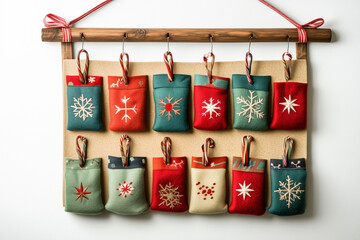 A collection of red and green decorative ornaments hanging, isolated on white background. Handcrafted advent calendar