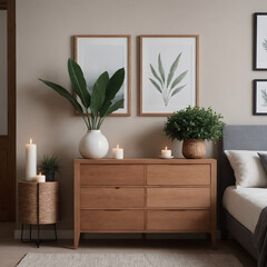 A modern interior patient room featuring a Teak wooden chest of drawers with a dark sandy brown wall.