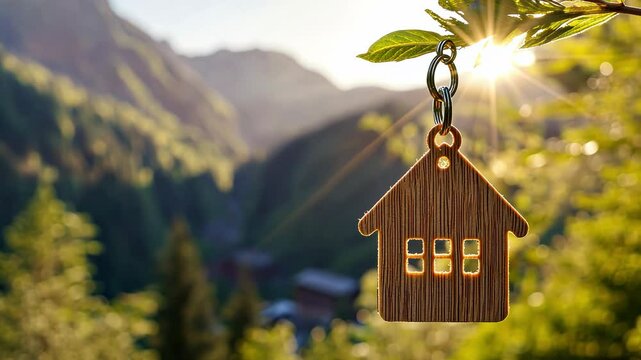 Small wooden house flying in sunlight on beautiful mountain background. Mortgage, investment, rent, real estate, booking home on vacations and retirement dream concept
