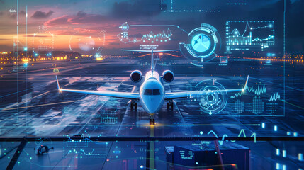 Aerial view of a futuristic airplane on the runway showcasing data analytics and holographic design elements against an overcast twilight backdrop