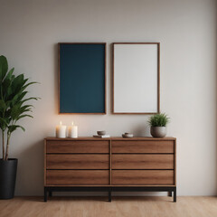 A modern interior subway lobby featuring a Rosewood wooden chest of drawers with an off-white wall.