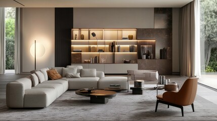 Elegant living room with modern furniture, soft hues, and ambient lighting. Open shelves with curated decor pieces