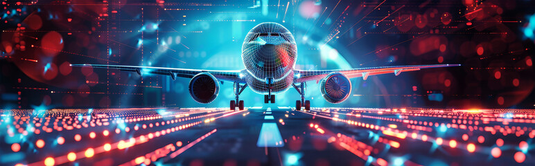 Digital airplane soaring through the sky with futuristic data displays highlighting air traffic control and flight safety technology