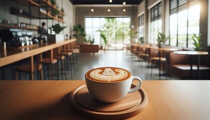Fototapeta premium A beautifully crafted latte with intricate leaf latte art in a cozy, modern cafe. The wooden counter and soft lighting create a warm, inviting atmosphere, perfect for relaxation and conversation.