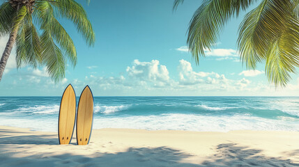 3D rendering summer beach concept beautiful beach. Surfboards on Tropical Beach with Palm Trees and Ocean Waves. Perfect representation of a summer getaway and surfing adventure.